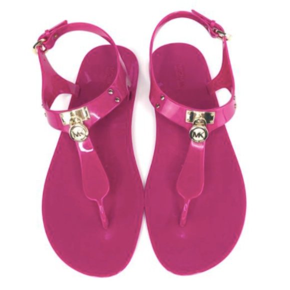 Michael Kors Shoes - NEW Michael Kors Hamilton Buckle Jelly Thong Sandals Hot Pink Fuchsia Gold 6